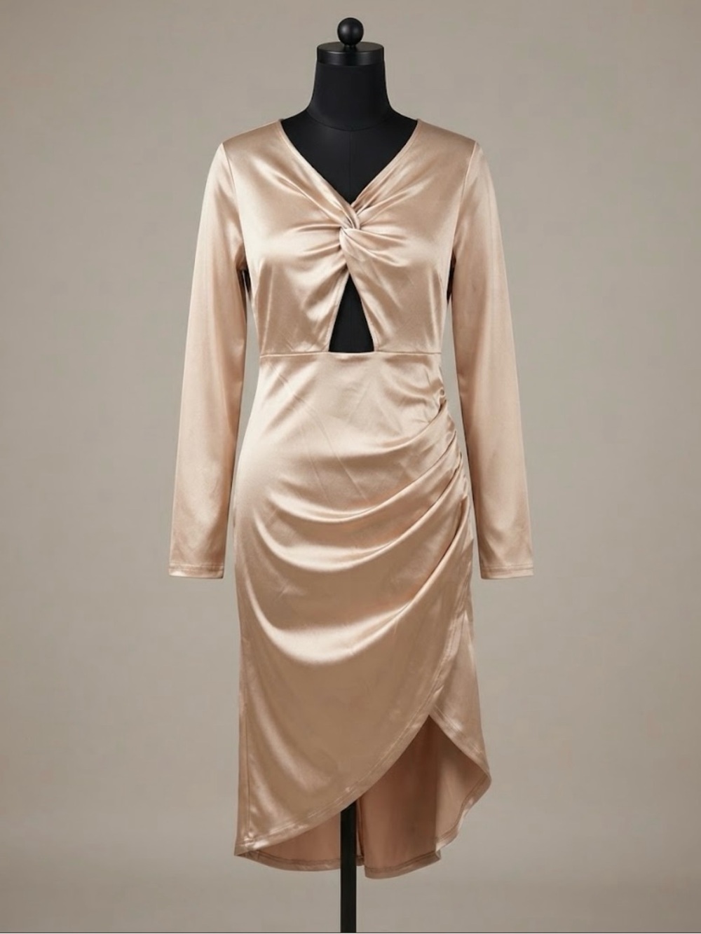 Satin Twist-Front Long Sleeve Dress in Champagne